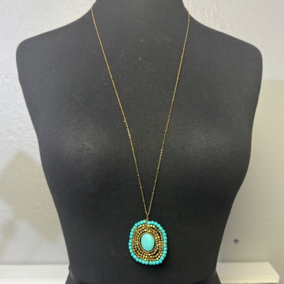 Turquoise Beaded Pendant Gold Chain Necklace 32 Inches Adjustable Lobster Clasp - Picture 1 of 4